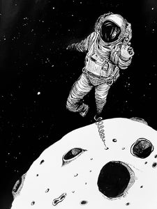 Pen and ink drawing of an astronaut jumping off the moon