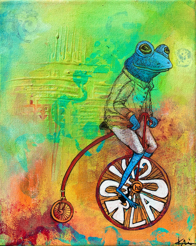 Blue Frog Riding a Bicycle